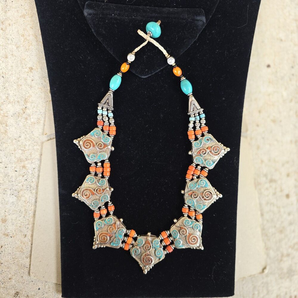 Antique Tibetan Tribal Sterling Silver Turquoise & Coral Hand Made Necklace